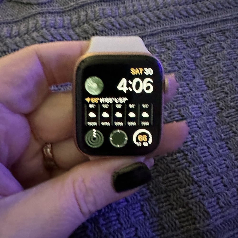 Apple Watch Series 5 44mm.  Used w/care some scratches from daily wear, new band